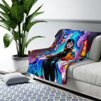 Cyberpunk Dragon Girl Sherpa Blanket Neon Blue Lightning Urban Anime Blanket for Gamers and Futuristic Fantasy Fans
