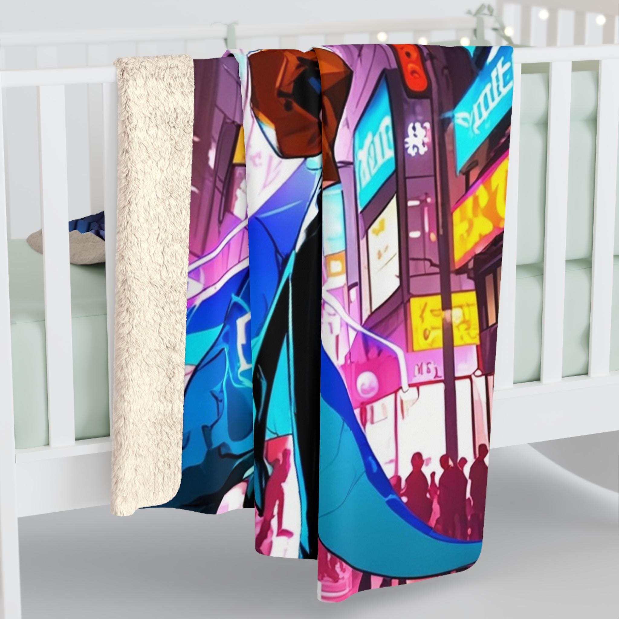 Cyberpunk Dragon Girl Sherpa Blanket Neon Blue Lightning Urban Anime Blanket for Gamers and Futuristic Fantasy Fans