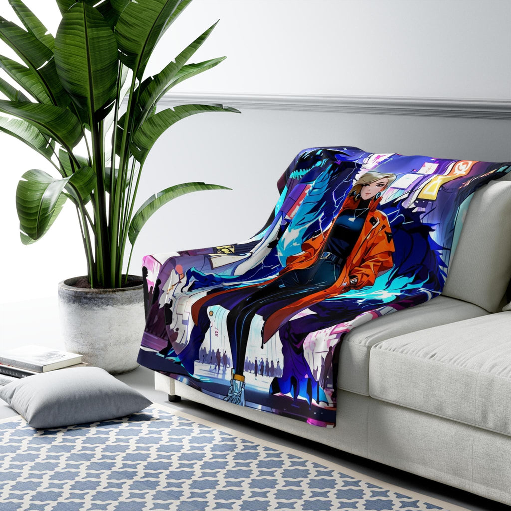 Blonde Cyberpunk Dragon Girl Sherpa Blanket Neon Lightning Streetwear Anime Throw for Gamers and Futuristic Fantasy Fans