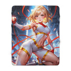 Anime Heroine Blanket Blonde Superhero Girl Throw White Gold Suit Sherpa Blanket Gift for Anime Fans and Collectors