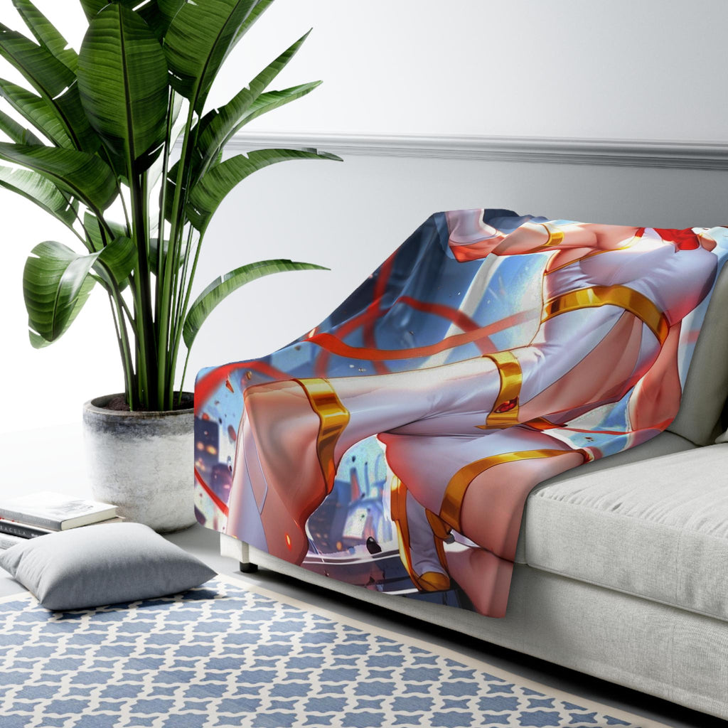 Anime Heroine Blanket Blonde Superhero Girl Throw White Gold Suit Sherpa Blanket Gift for Anime Fans and Collectors
