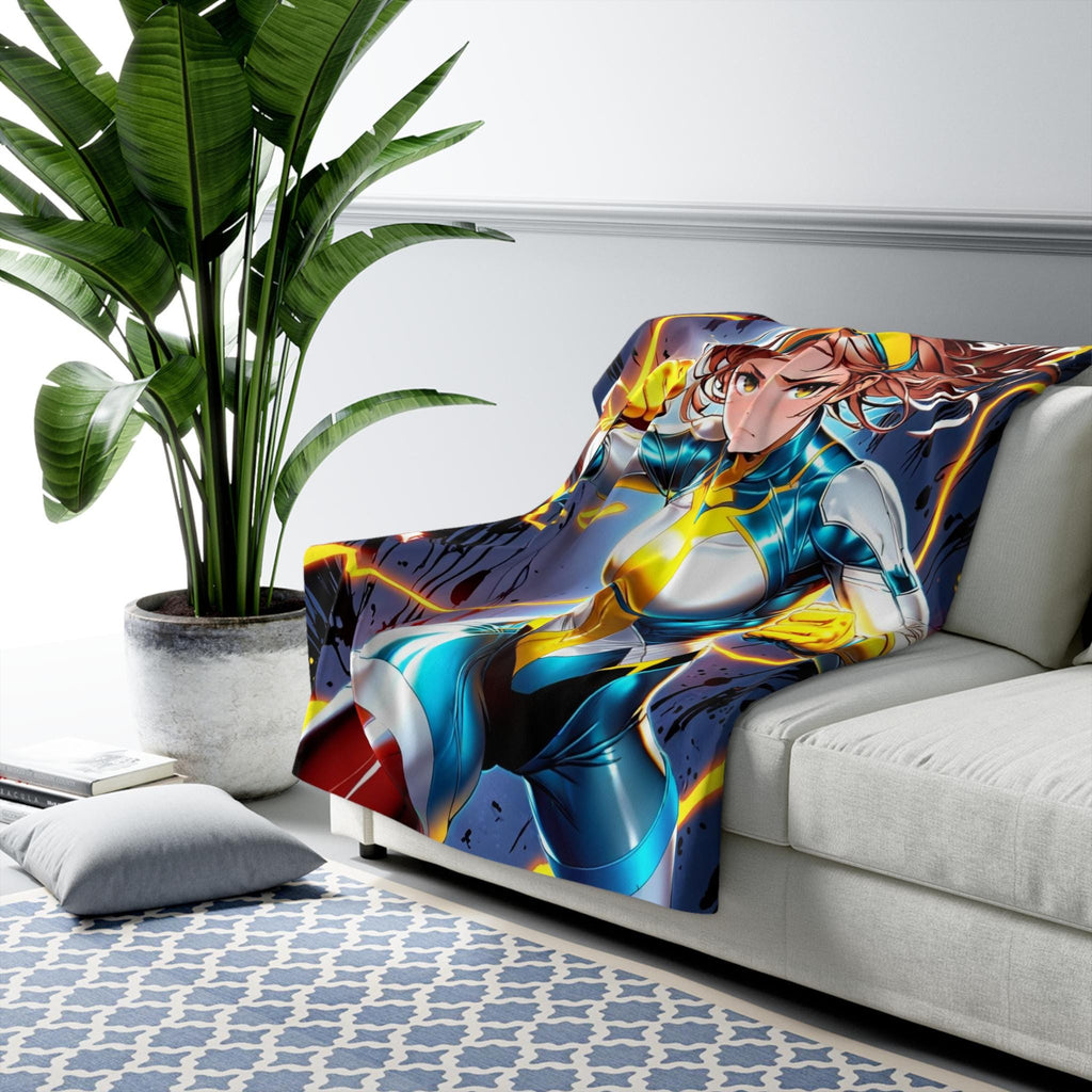 Electric Anime Girl Blanket Neon Glow Sherpa Throw Hero Decor Gift for Anime Fans and Gamers