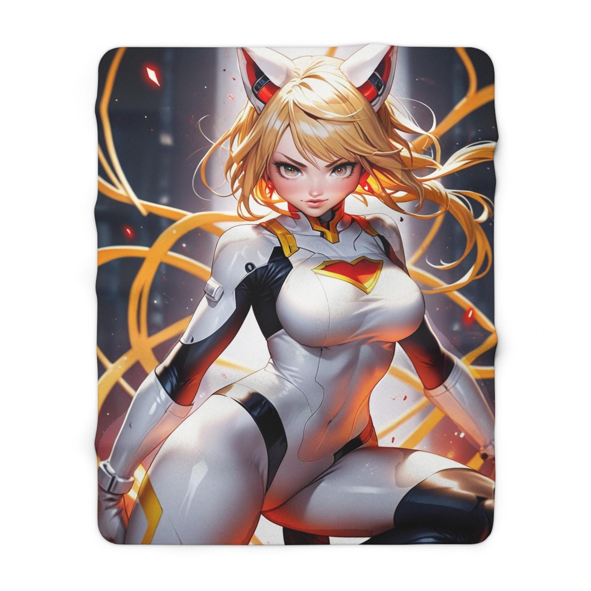 Blonde Cat Hero Anime Blanket Sherpa Fleece Throw Futuristic Power Girl Gamer Gift for Anime Lovers and Otaku Fans
