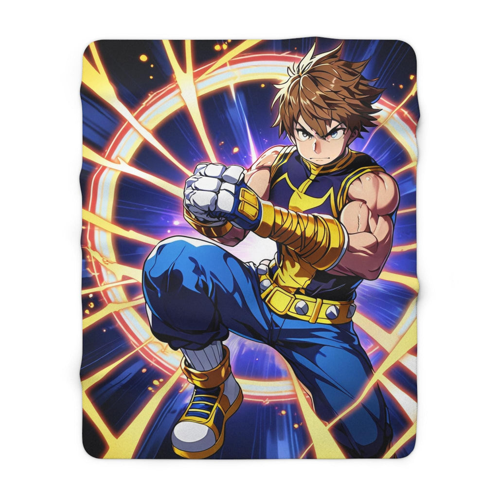 Anime Hero Sherpa Blanket Yellow Star Punch Muscular Fighter Fleece Throw Gift for Anime Lovers and Gamers