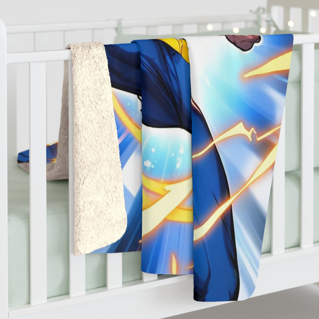 Anime Hero Sherpa Blanket Blue Suit Lightning Fist Punch Superpower Fleece Throw Gift for Anime Lovers and Gamers