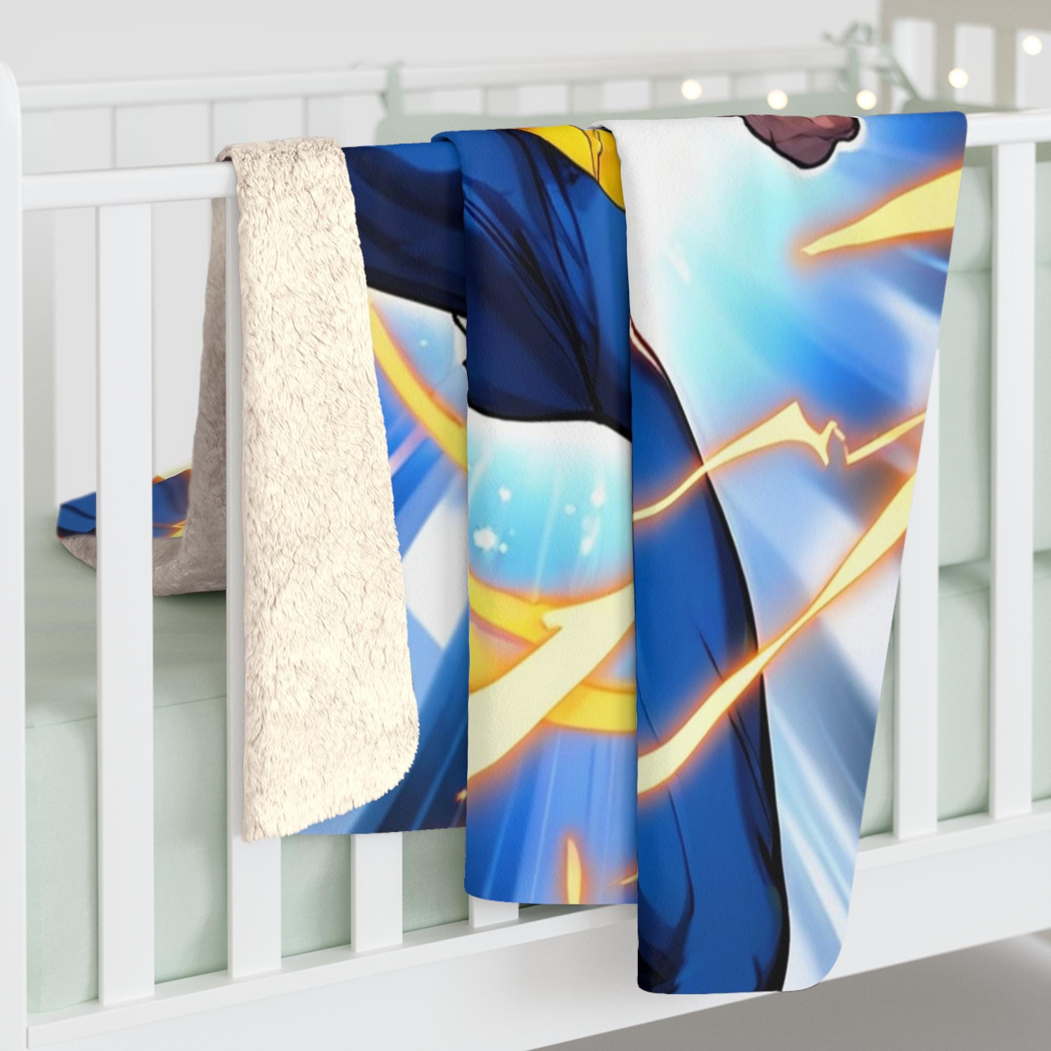 Anime Hero Sherpa Blanket Blue Suit Lightning Fist Punch Superpower Fleece Throw Gift for Anime Lovers and Gamers
