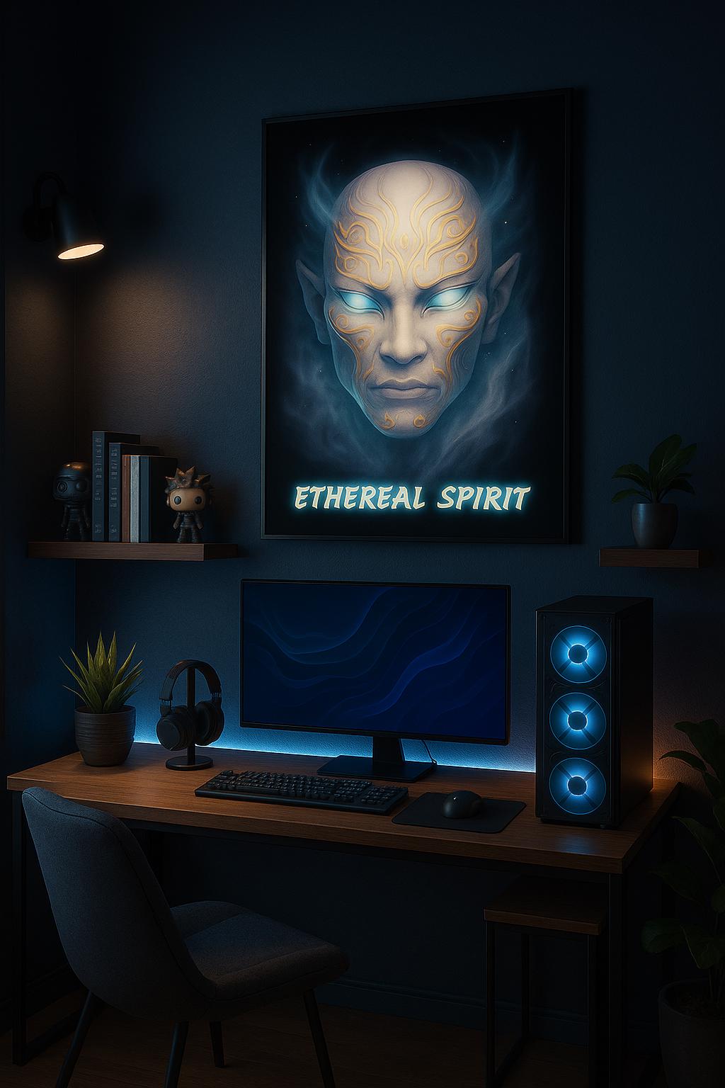 Ethereal Spirit Anime Poster Wall Art Fantasy Glow Decor Futuristic Zen Guardian Gift for Anime Fans and Collectors