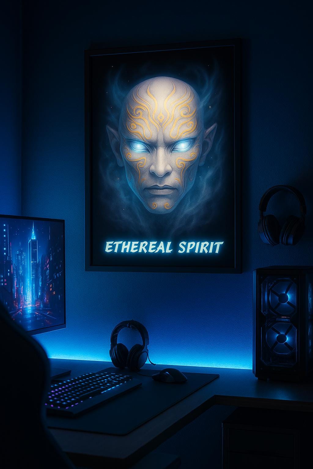 Ethereal Spirit Anime Poster Wall Art Fantasy Glow Decor Futuristic Zen Guardian Gift for Anime Fans and Collectors