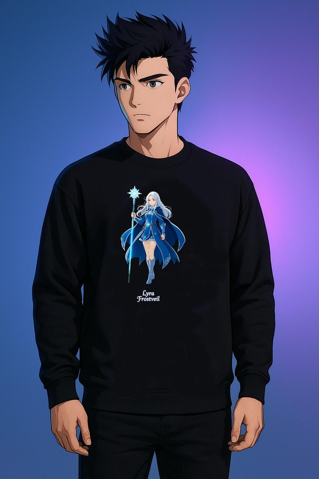 Lyra Frostfeil Ice Sorceress Anime Sweatshirt Royal Blue Magical Girl Frost Mage Gift for Anime Fans Fantasy Streetwear Winter Gamer Apparel