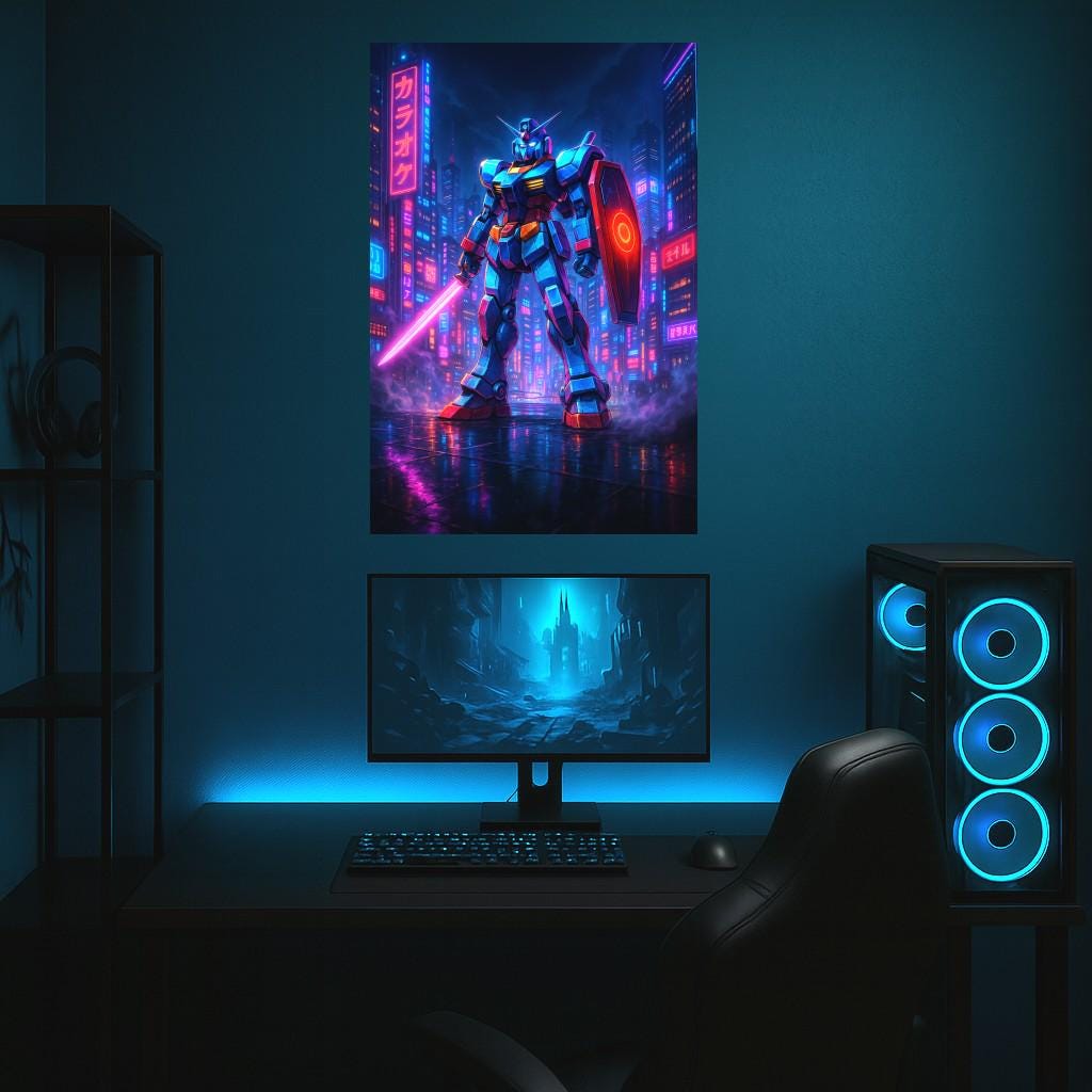 Cyber Mecha Anime Poster | Neon Robot Wall Art | Futuristic Sci-Fi City Print | Mech Warrior Decor | Epic Anime Apparel