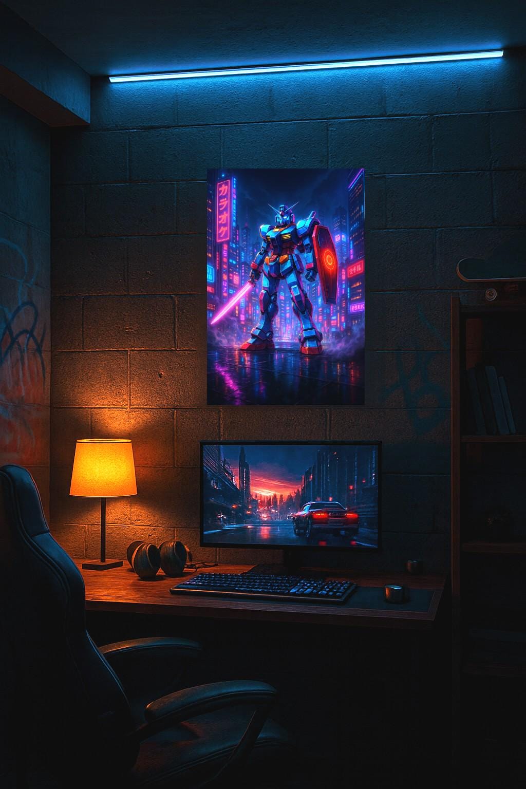 Cyber Mecha Anime Poster | Neon Robot Wall Art | Futuristic Sci-Fi City Print | Mech Warrior Decor | Epic Anime Apparel
