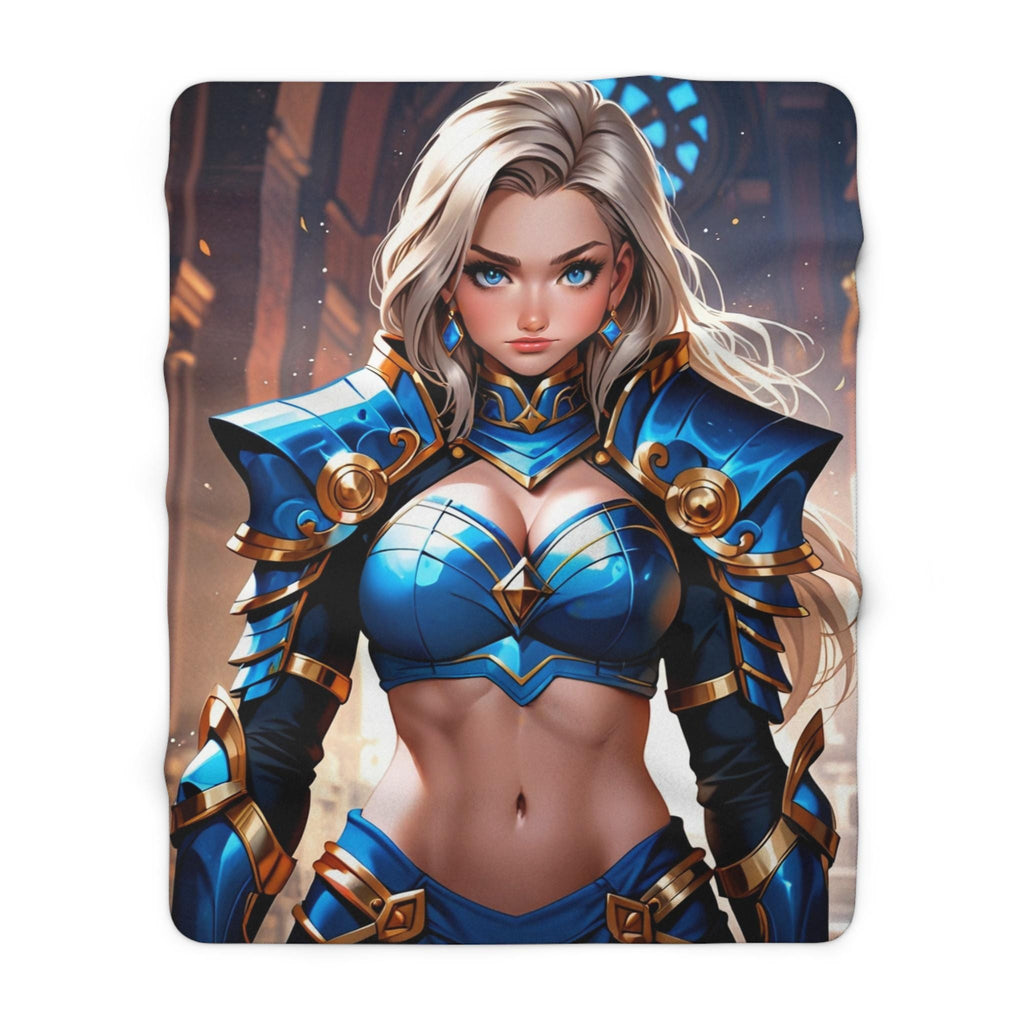 Blue Anime Warrior Sherpa Blanket Strong Fantasy Girl Throw Armor Magic Gift for Anime Fans and Gamers