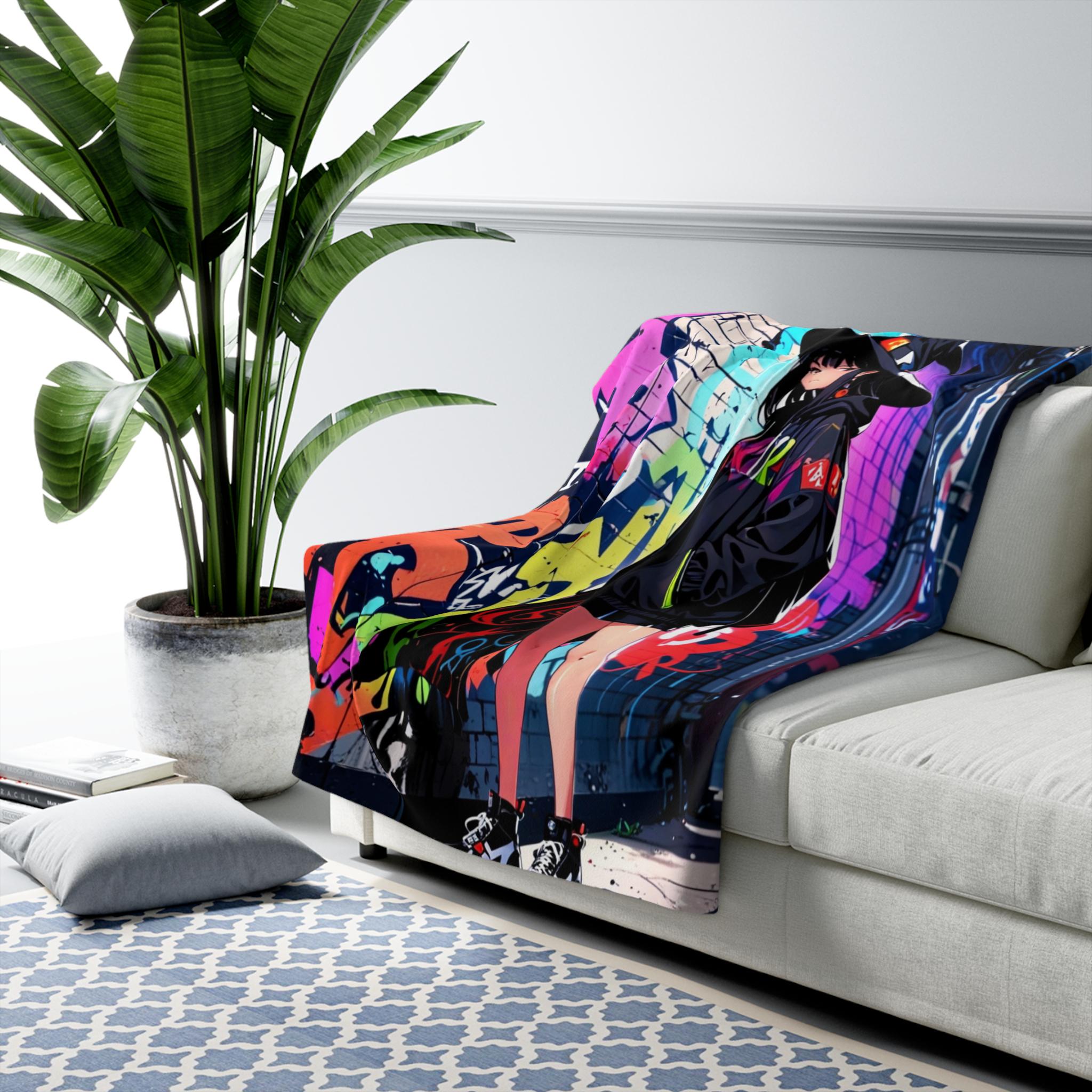 Anime Witch Sherpa Blanket Urban Streetwear Magic Girl Throw Halloween Cozy Gift for Anime Fans and Gamers