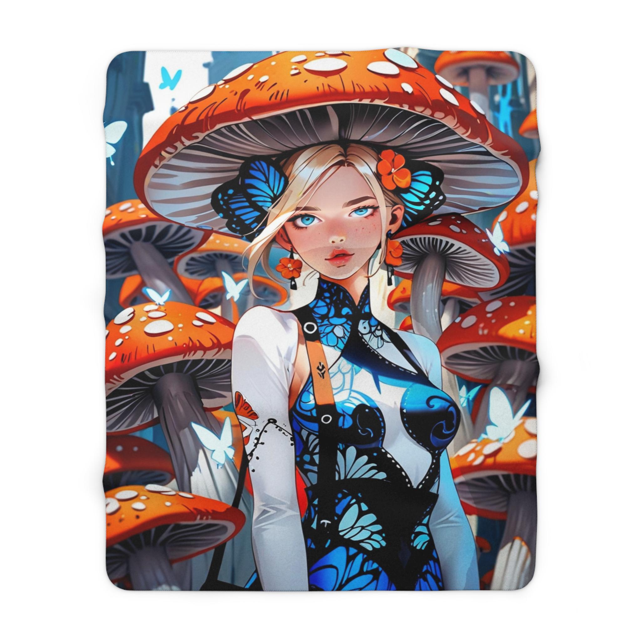 Mushroom Fairy Girl Blanket Cute Cottagecore Butterfly Anime Sherpa Blanket Cozy Soft Fleece Gift for Her Whimsical Fantasy Decor