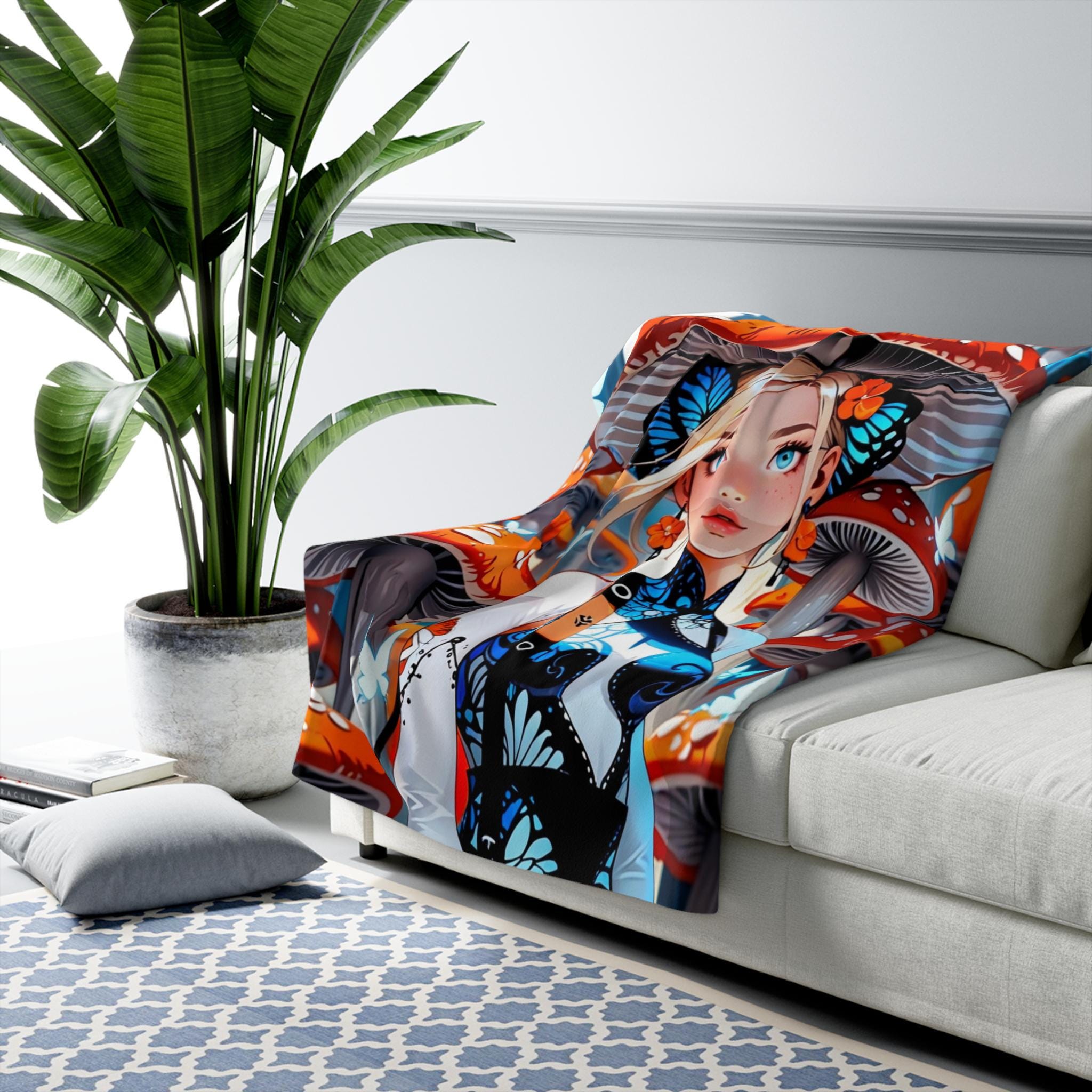 Mushroom Fairy Girl Blanket Cute Cottagecore Butterfly Anime Sherpa Blanket Cozy Soft Fleece Gift for Her Whimsical Fantasy Decor