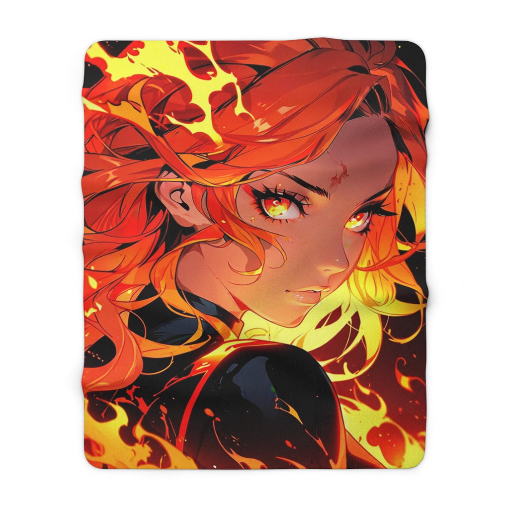 Fire Anime Girl Sherpa Blanket Flame Glow Cozy Warm Throw Gift for Anime Lovers and Gamers