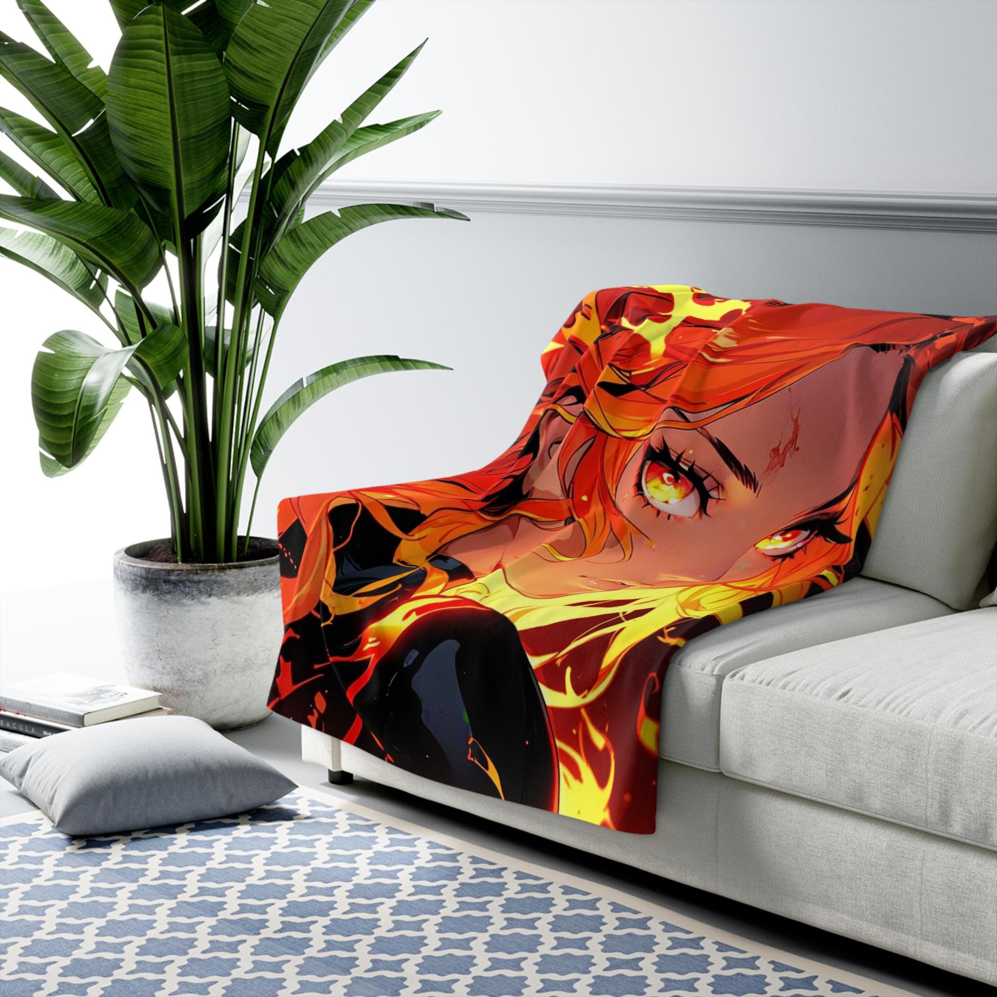 Fire Anime Girl Sherpa Blanket Flame Glow Cozy Warm Throw Gift for Anime Lovers and Gamers