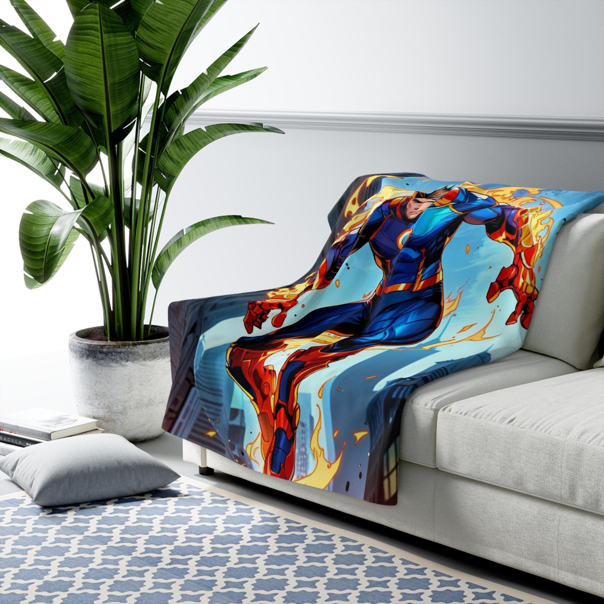 Anime Superhero Sherpa Blanket Fire Glow Hero Comic Style Cozy Gamer Gift for Him Husband Son | Epic Anime Apparel