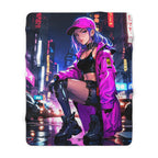 Cyberpunk Girl Sherpa Blanket Neon City Streetwear Anime Throw Blanket Gamer Gift for Her Teen Girl Anime Room Decor