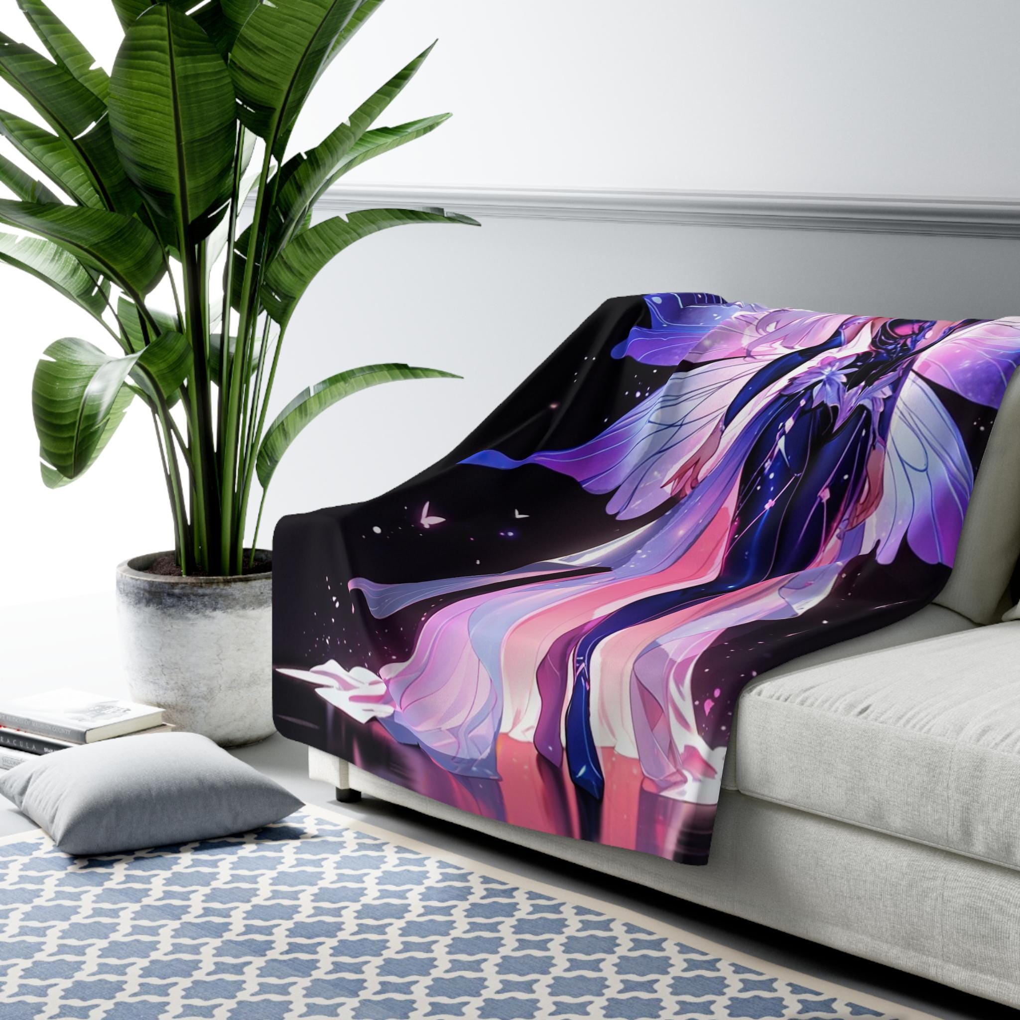 Fairy Queen Sherpa Blanket Magical Pastel Wings Fantasy Anime Throw Blanket Gift for Her Cozy Fairycore Aesthetic Room Decor