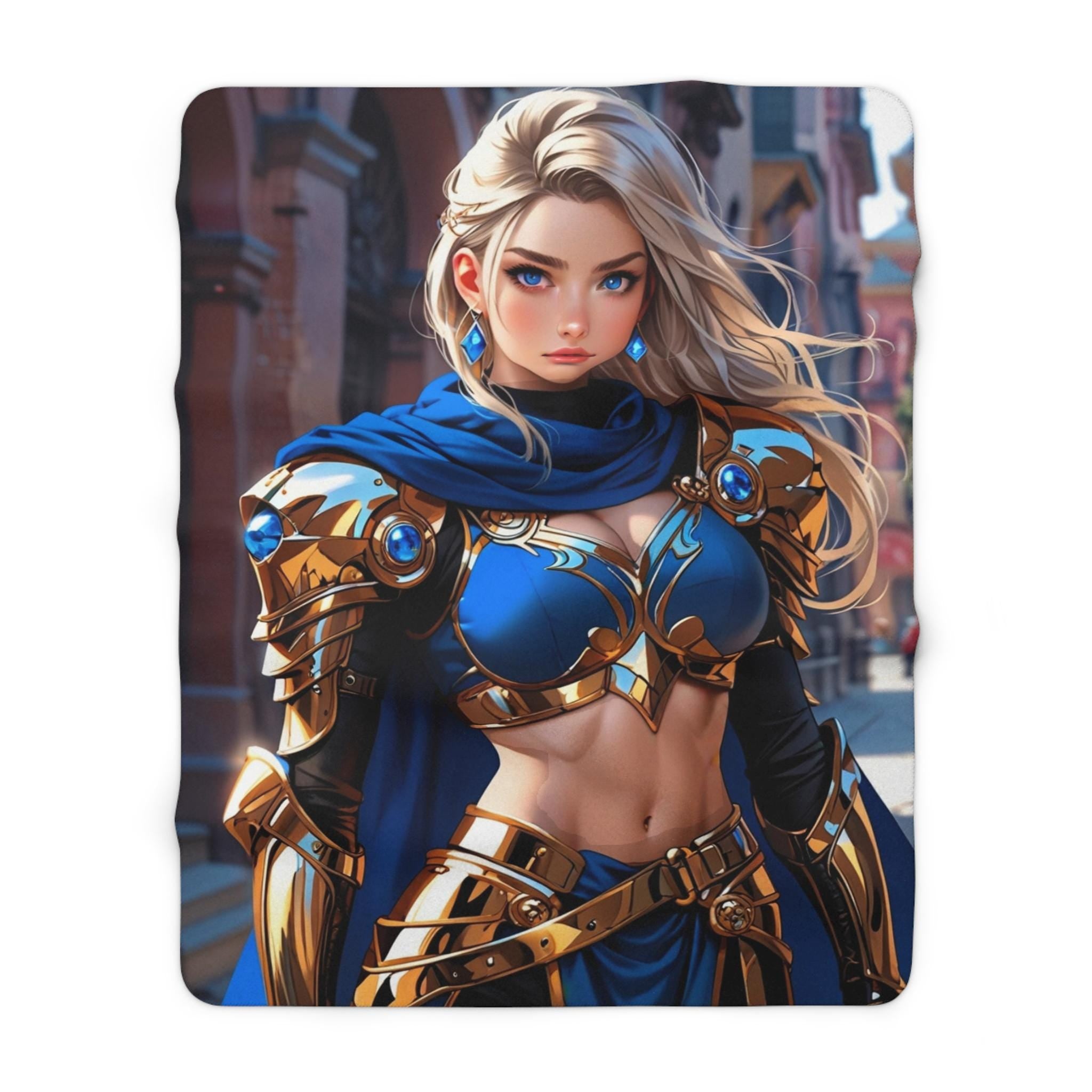 Anime Warrior Sherpa Blanket Royal Paladin Fantasy Throw Blanket Blue Gold Armor Girl Cozy Sherpa Gift fo