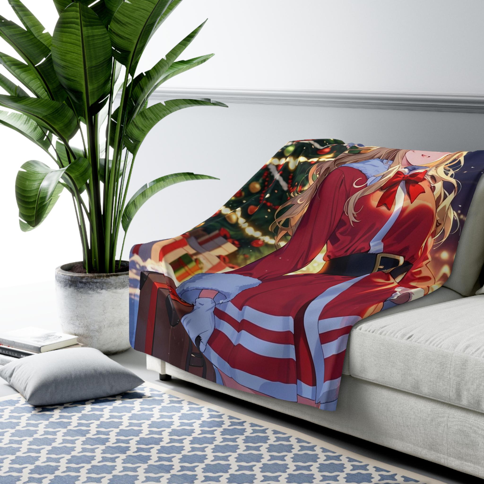 Anime Christmas Girl Sherpa Blanket Kawaii Santa Throw Blanket Cute Holiday Decor Cozy Winter Gift for Anime Lovers and Gamers