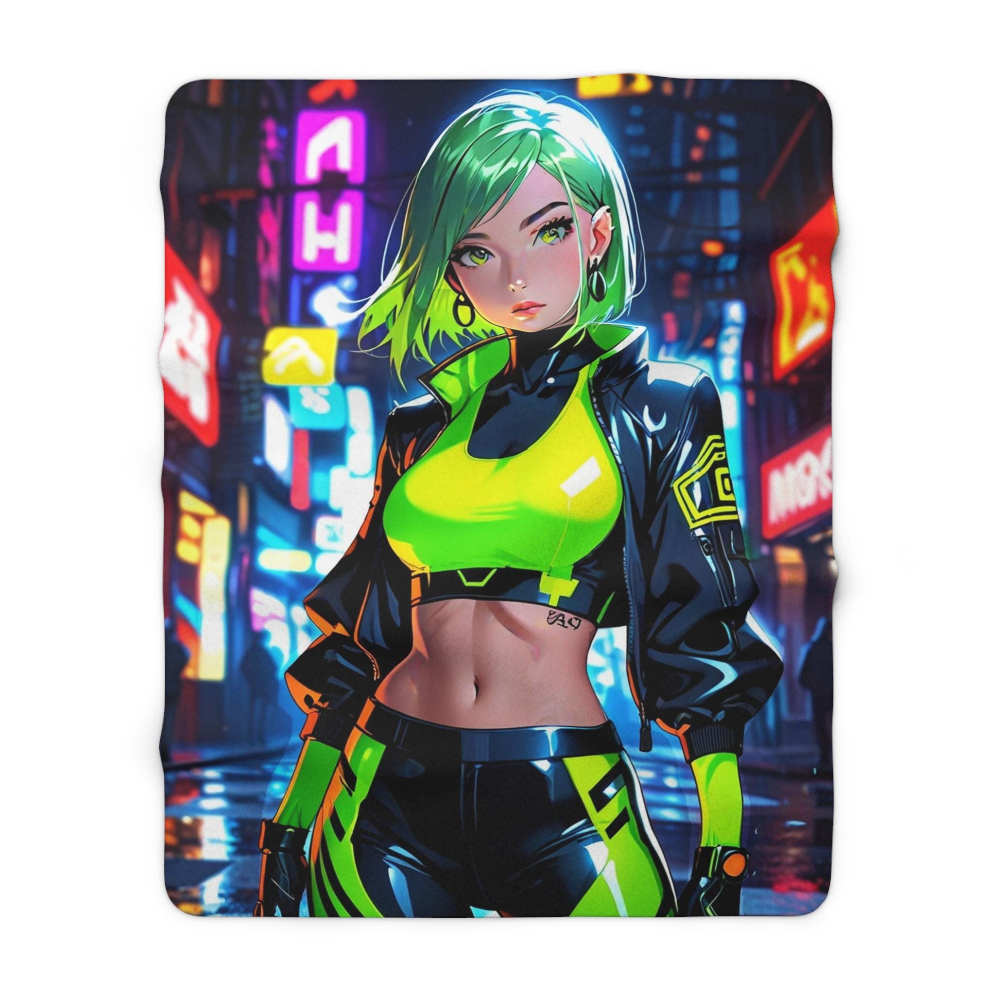 Cyberpunk Anime Girl Sherpa Blanket Neon Glow Futuristic Throw Techwear Gamer Gift for Anime Lovers and Collectors