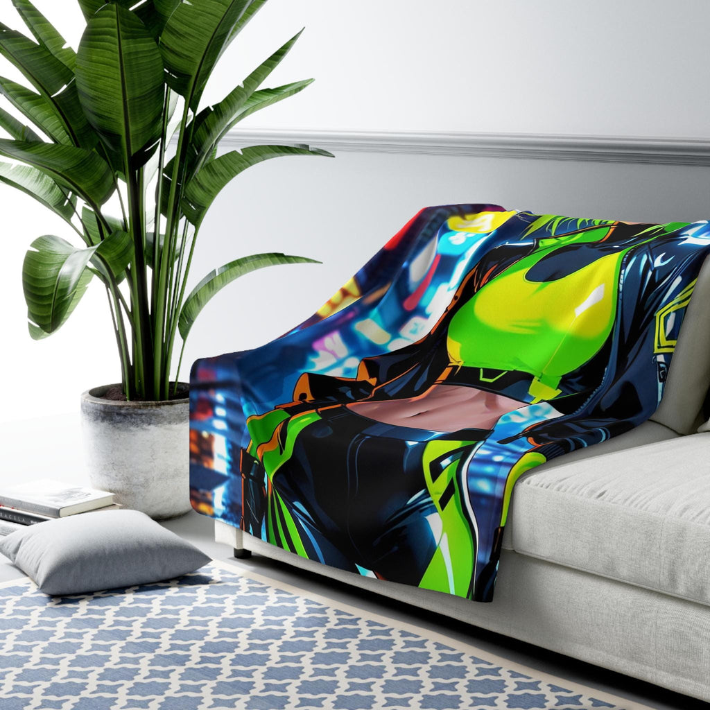 Cyberpunk Anime Girl Sherpa Blanket Neon Glow Futuristic Throw Techwear Gamer Gift for Anime Lovers and Collectors