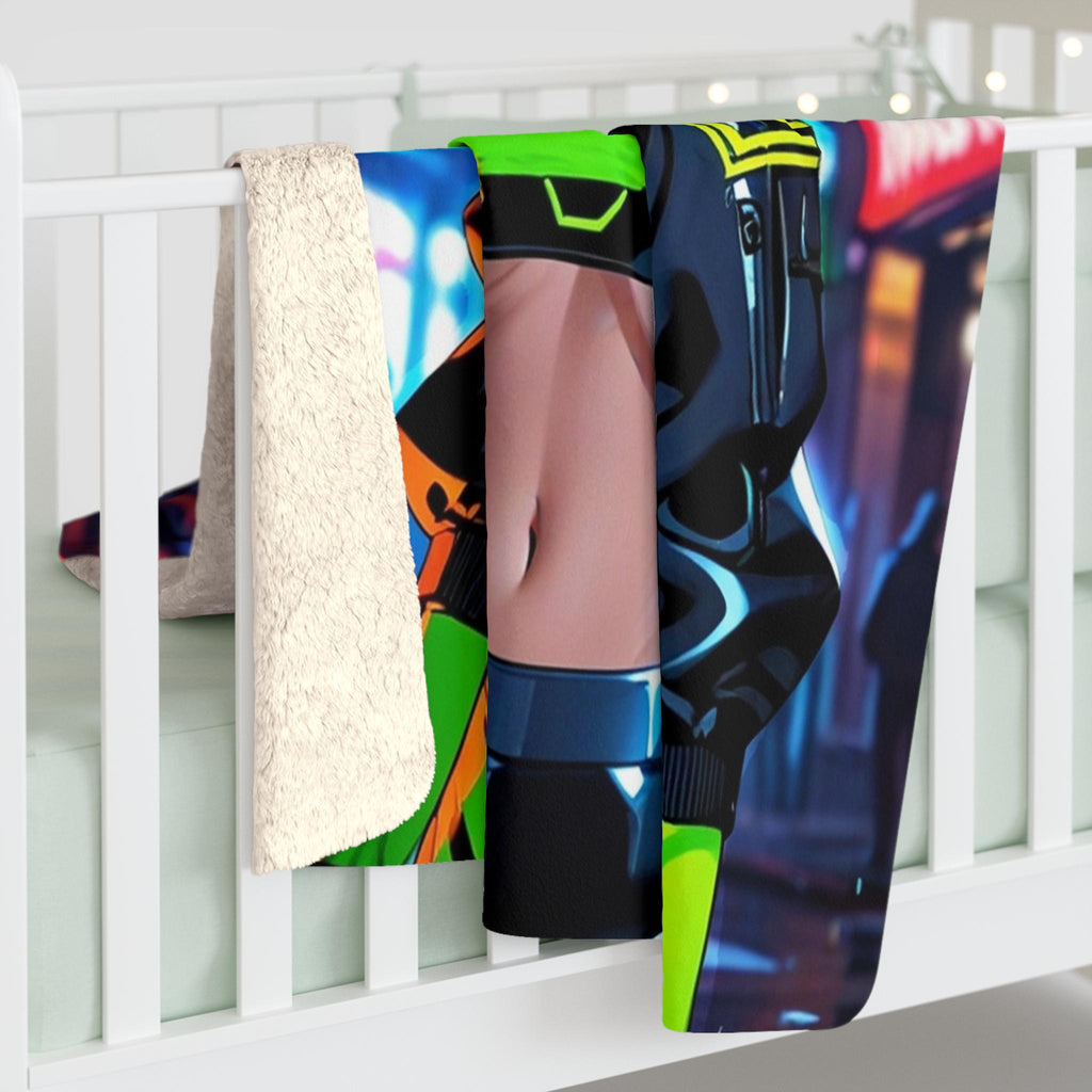 Cyberpunk Anime Girl Sherpa Blanket Neon Glow Futuristic Throw Techwear Gamer Gift for Anime Lovers and Collectors