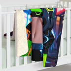 Cyberpunk Anime Girl Sherpa Blanket Neon Glow Futuristic Throw Techwear Gamer Gift for Anime Lovers and Collectors