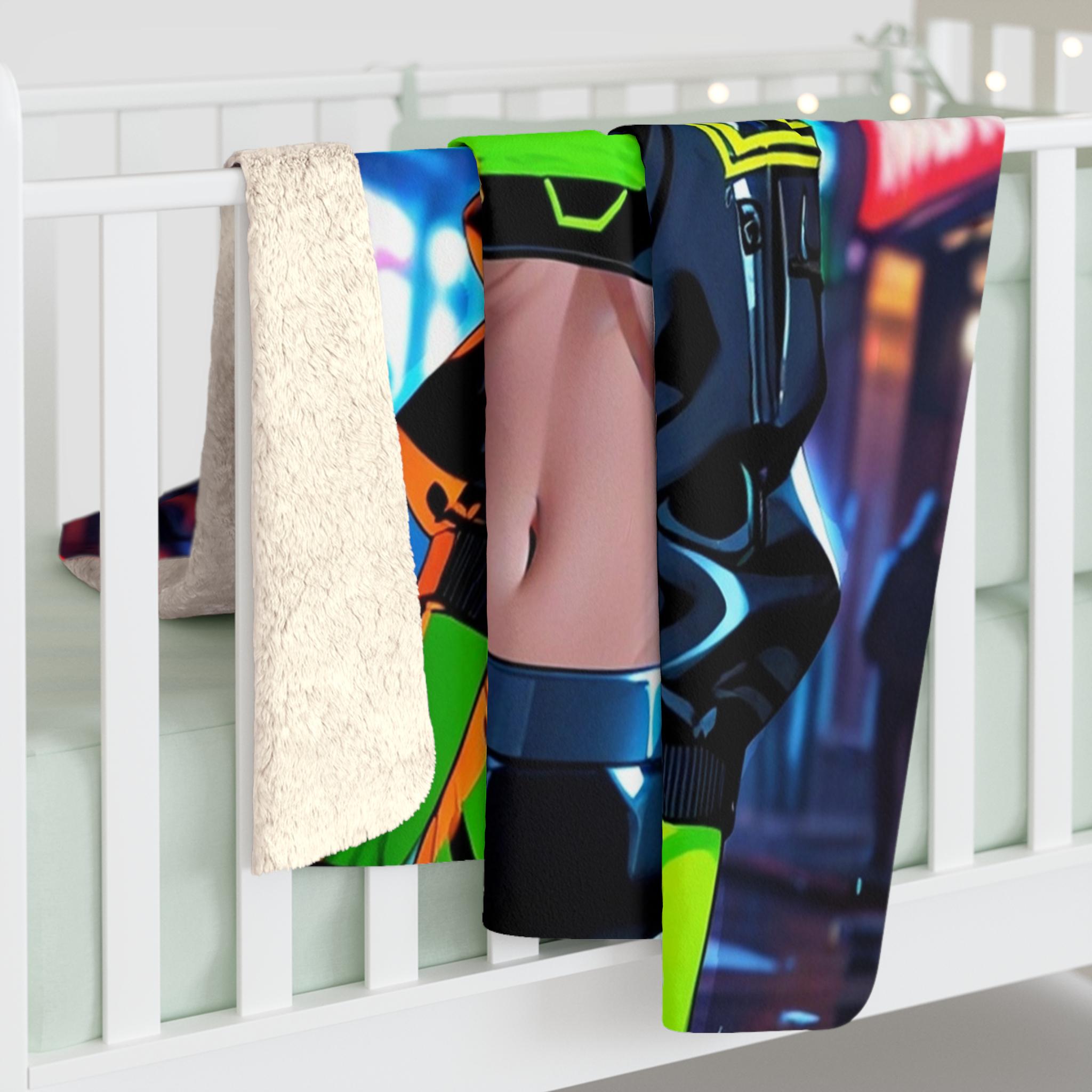 Cyberpunk Anime Girl Sherpa Blanket Neon Glow Futuristic Throw Techwear Gamer Gift for Anime Lovers and Collectors