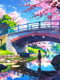 Cherry Blossom Anime Sherpa Blanket Cozy Spring Throw Japanese Bridge Scenery Gift for Anime Lovers and Dreamers
