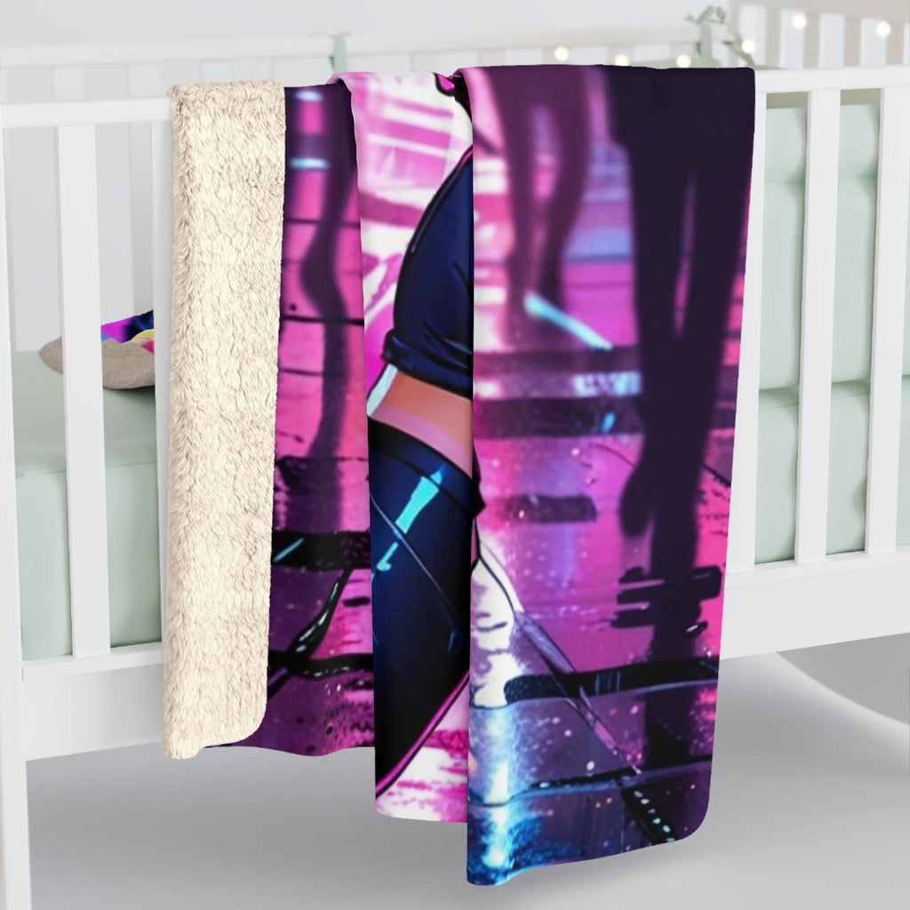 Cyberpunk Anime Girl Blanket Neon City Sherpa Throw Futuristic Street Style Gift for Gamers and Otaku Fans