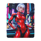 Anime Girl Red Cyber Suit Blanket Futuristic Sherpa Throw Neon Techwear Gift for Gamers and Otaku Collectors