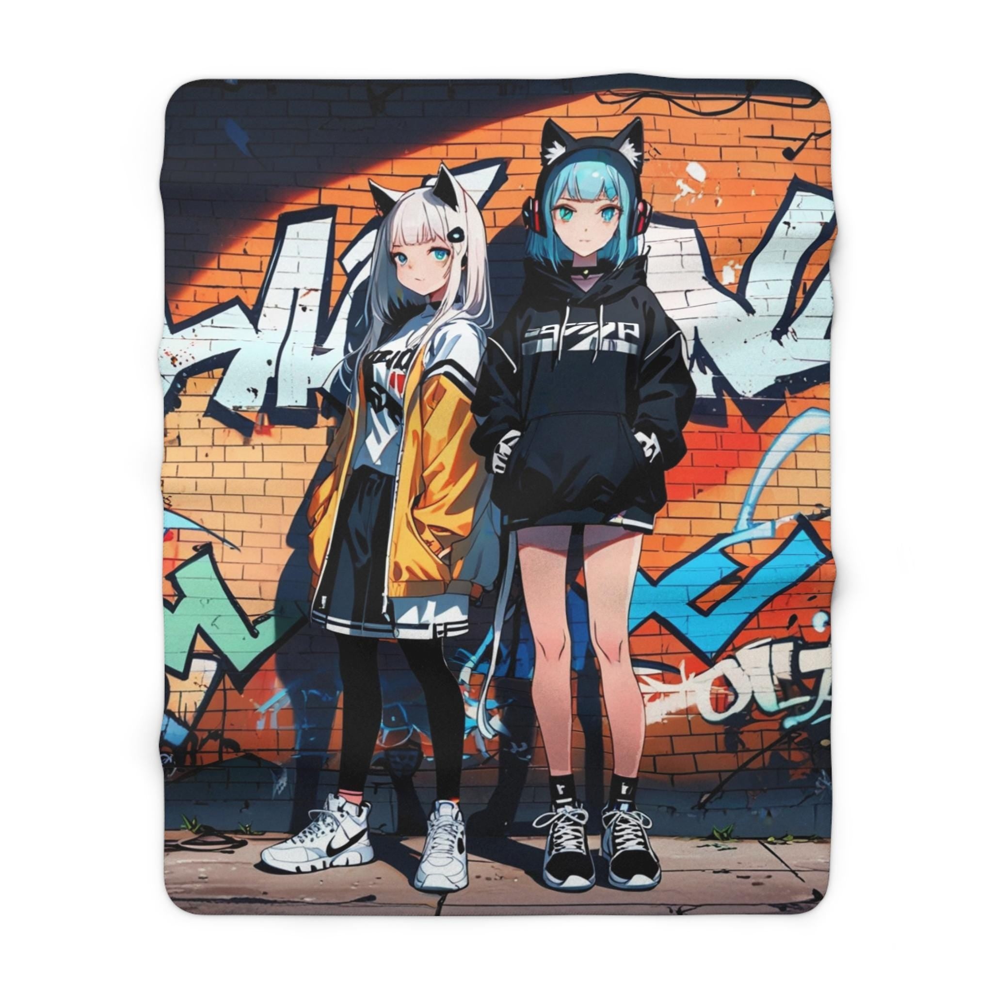 Anime Cat Ear Girls Graffiti Blanket Streetwear Sherpa Throw Urban Otaku Gift for Gamers and Collectors