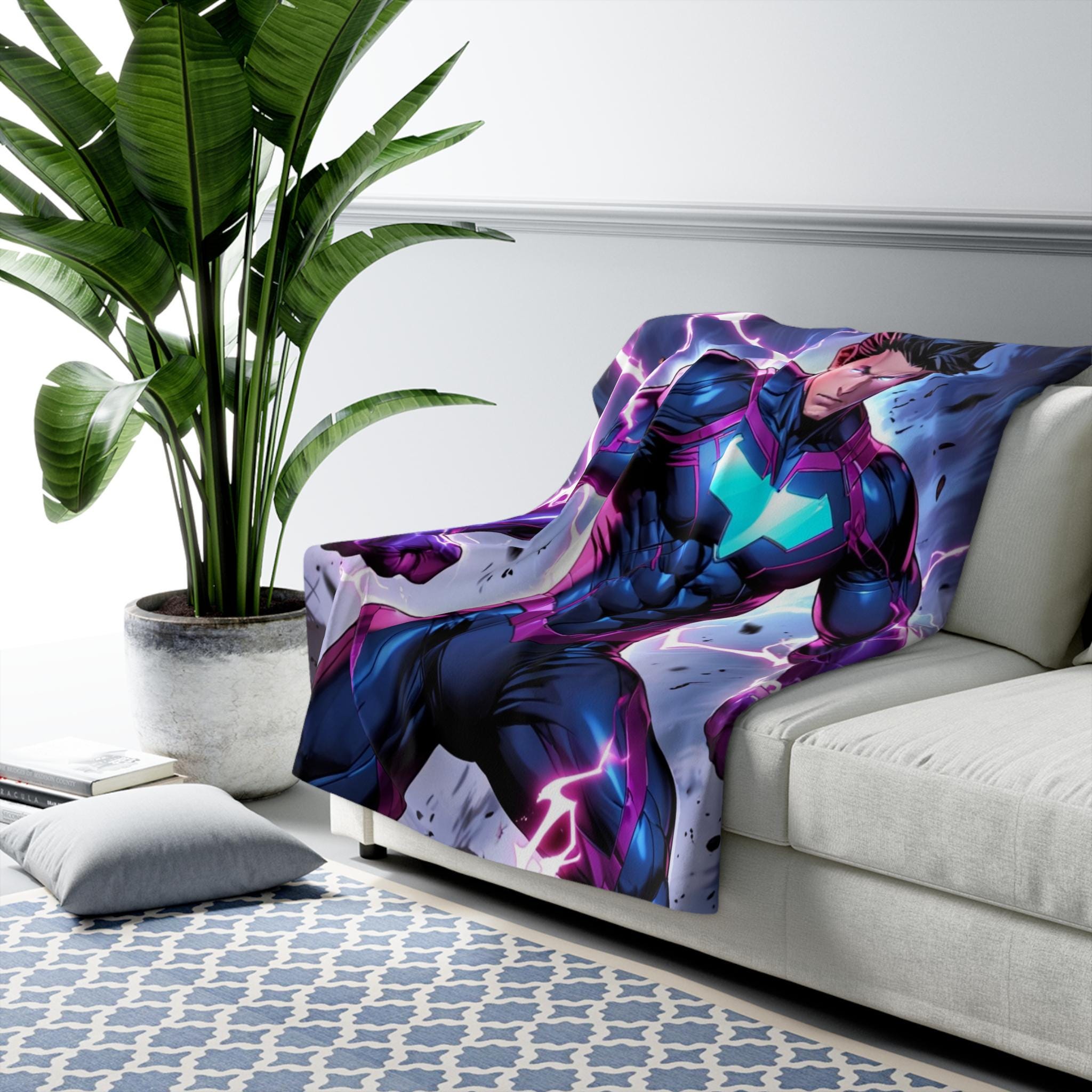 Electric Anime Hero Blanket Purple Lightning Sherpa Throw Gift for Gamers Superhero Anime Fans Boys Room Decor