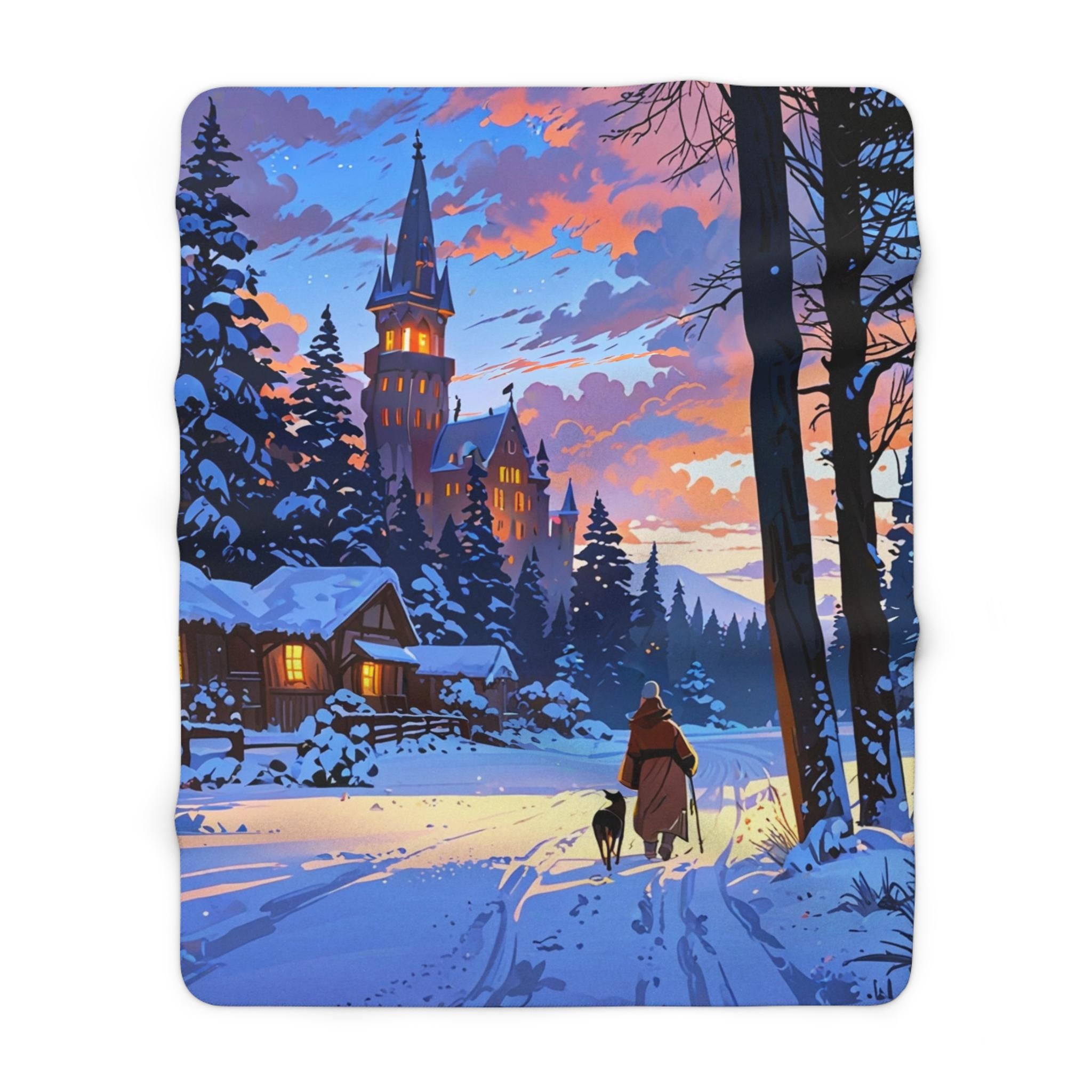 Winter Castle Blanket Cozy Snow Scene Sherpa Throw Anime Walk at Sunset Gift for Fantasy Lovers and Dog Owners