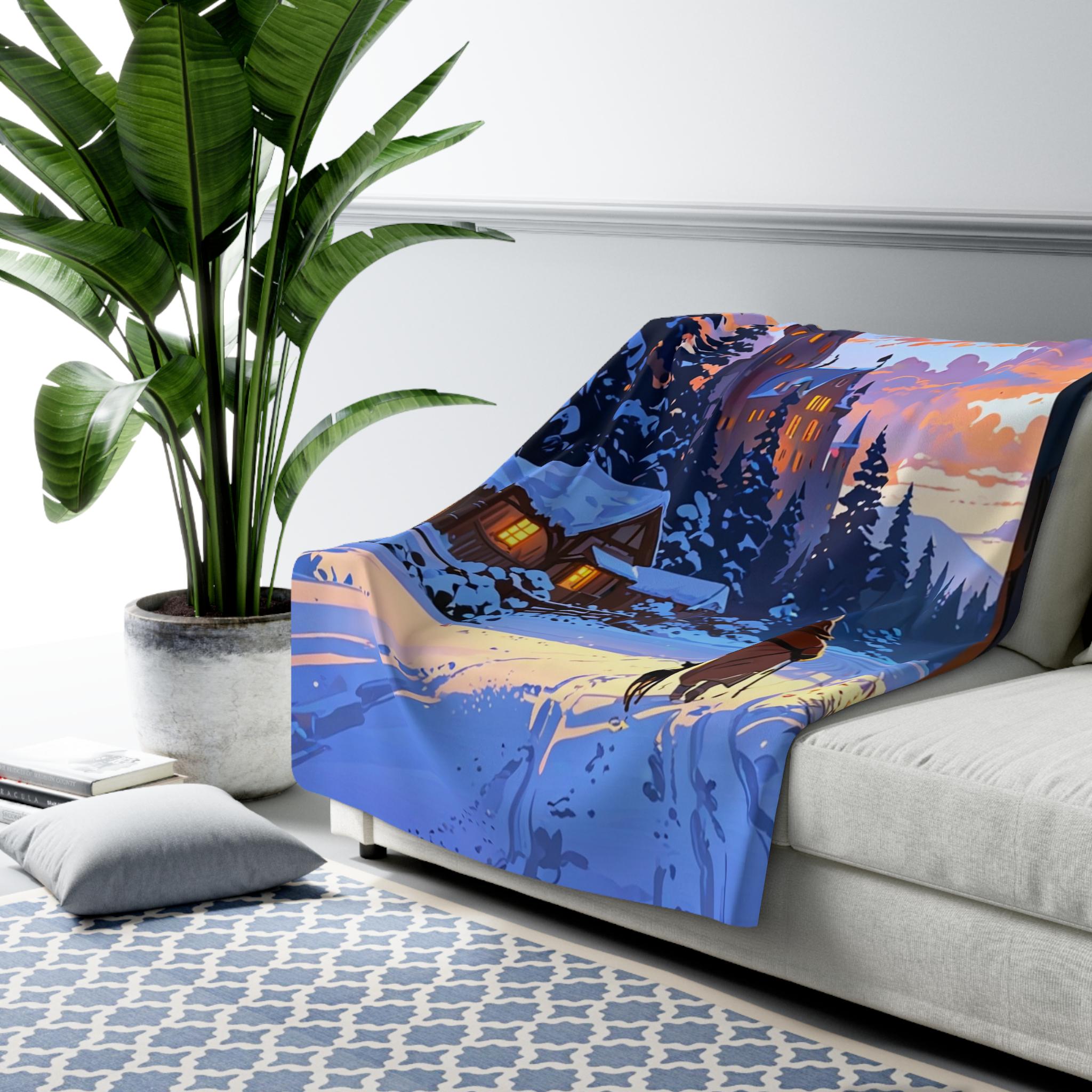 Winter Castle Blanket Cozy Snow Scene Sherpa Throw Anime Walk at Sunset Gift for Fantasy Lovers and Dog Owners