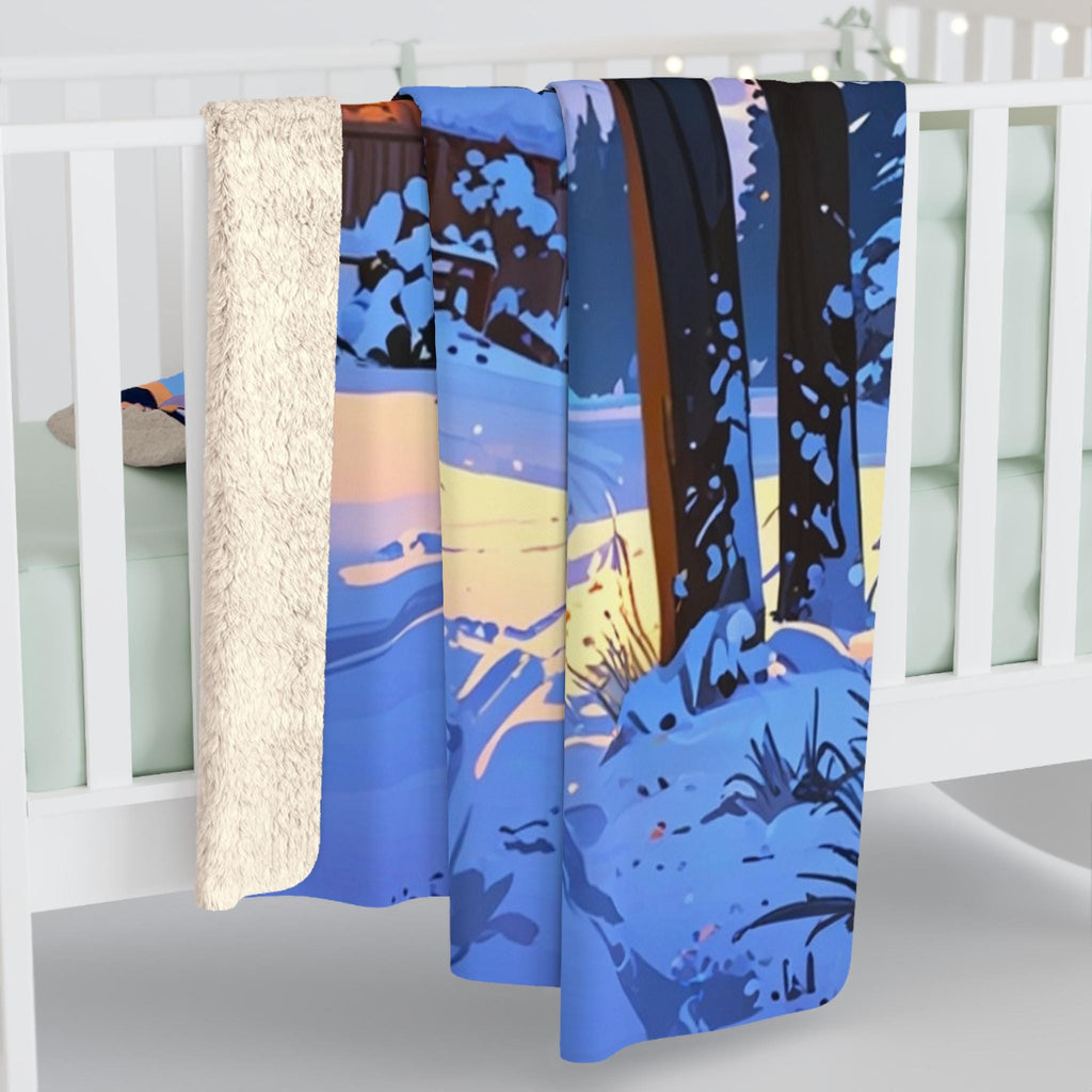 Winter Castle Blanket Cozy Snow Scene Sherpa Throw Anime Walk at Sunset Gift for Fantasy Lovers and Dog Owners