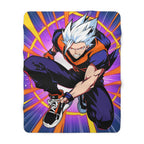 Anime Action Blanket White Haired Hero Sherpa Throw Power Surge Neon Purple and Orange Gamer Gift for Shonen Fans
