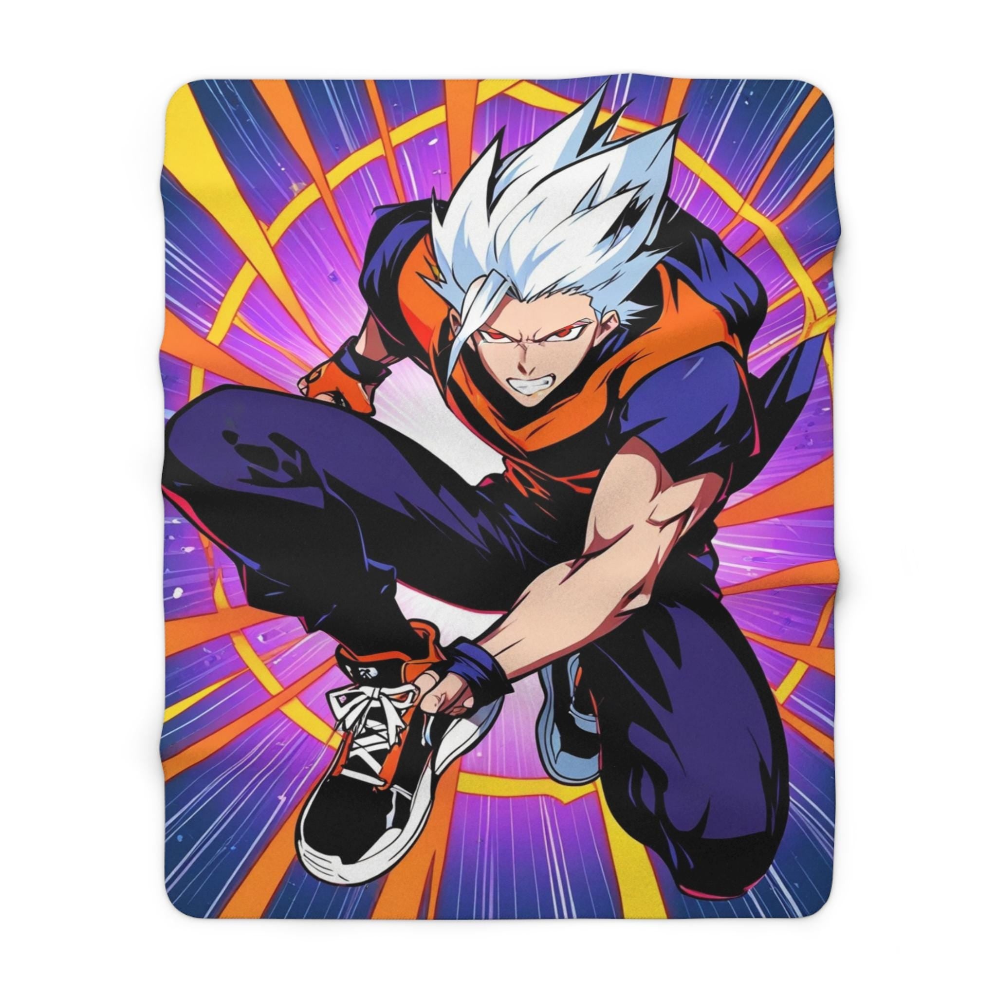 Anime Action Blanket White Haired Hero Sherpa Throw Power Surge Neon Purple and Orange Gamer Gift for Shonen Fans