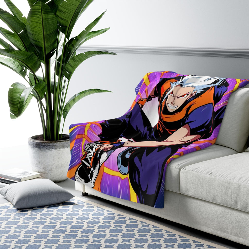 Anime Action Blanket White Haired Hero Sherpa Throw Power Surge Neon Purple and Orange Gamer Gift for Shonen Fans