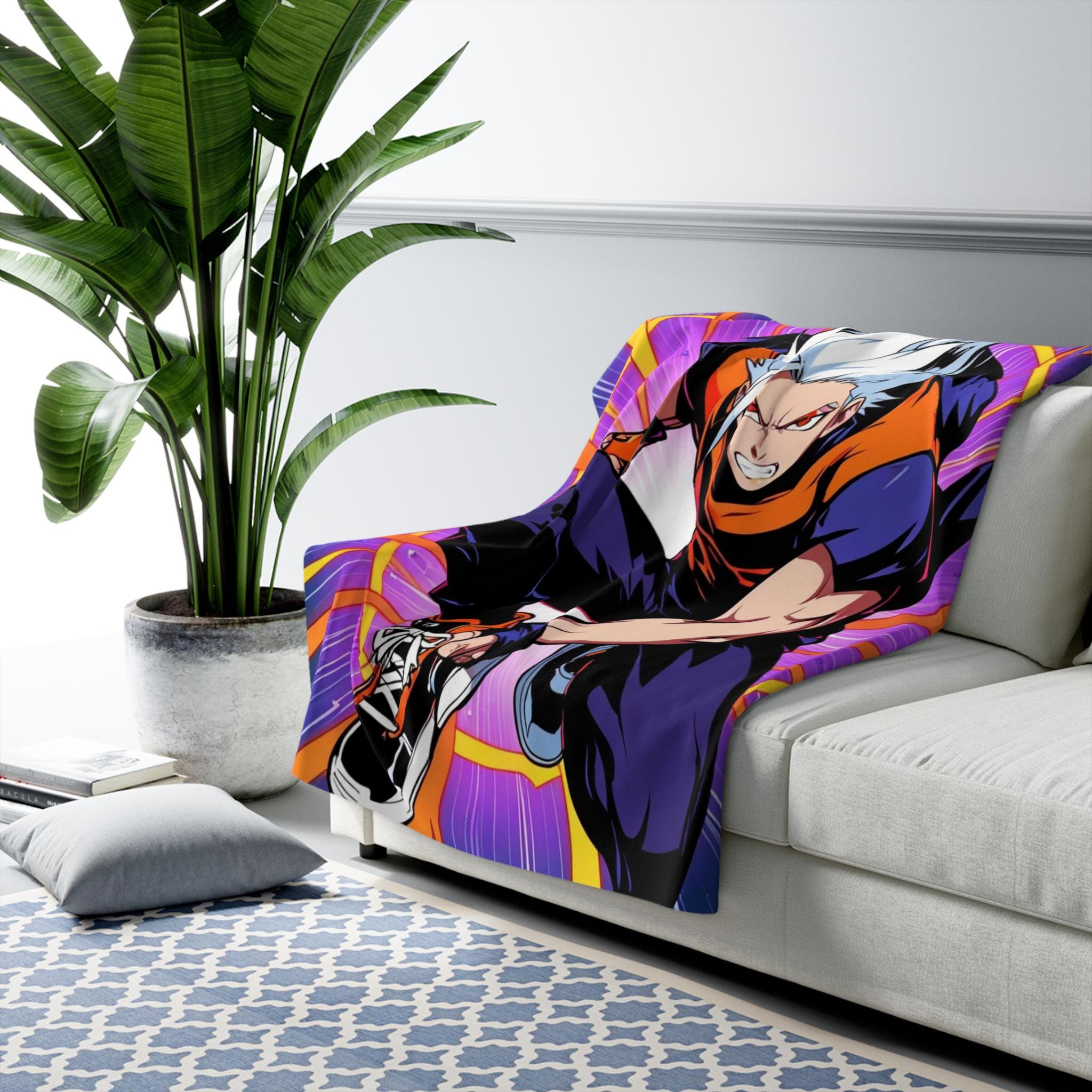 Anime Action Blanket White Haired Hero Sherpa Throw Power Surge Neon Purple and Orange Gamer Gift for Shonen Fans