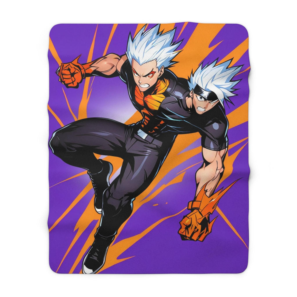 Anime Twin Heroes Blanket White Hair Lightning Duo Sherpa Throw Purple Orange Neon Shonen Energy Blanket for Anime Lovers