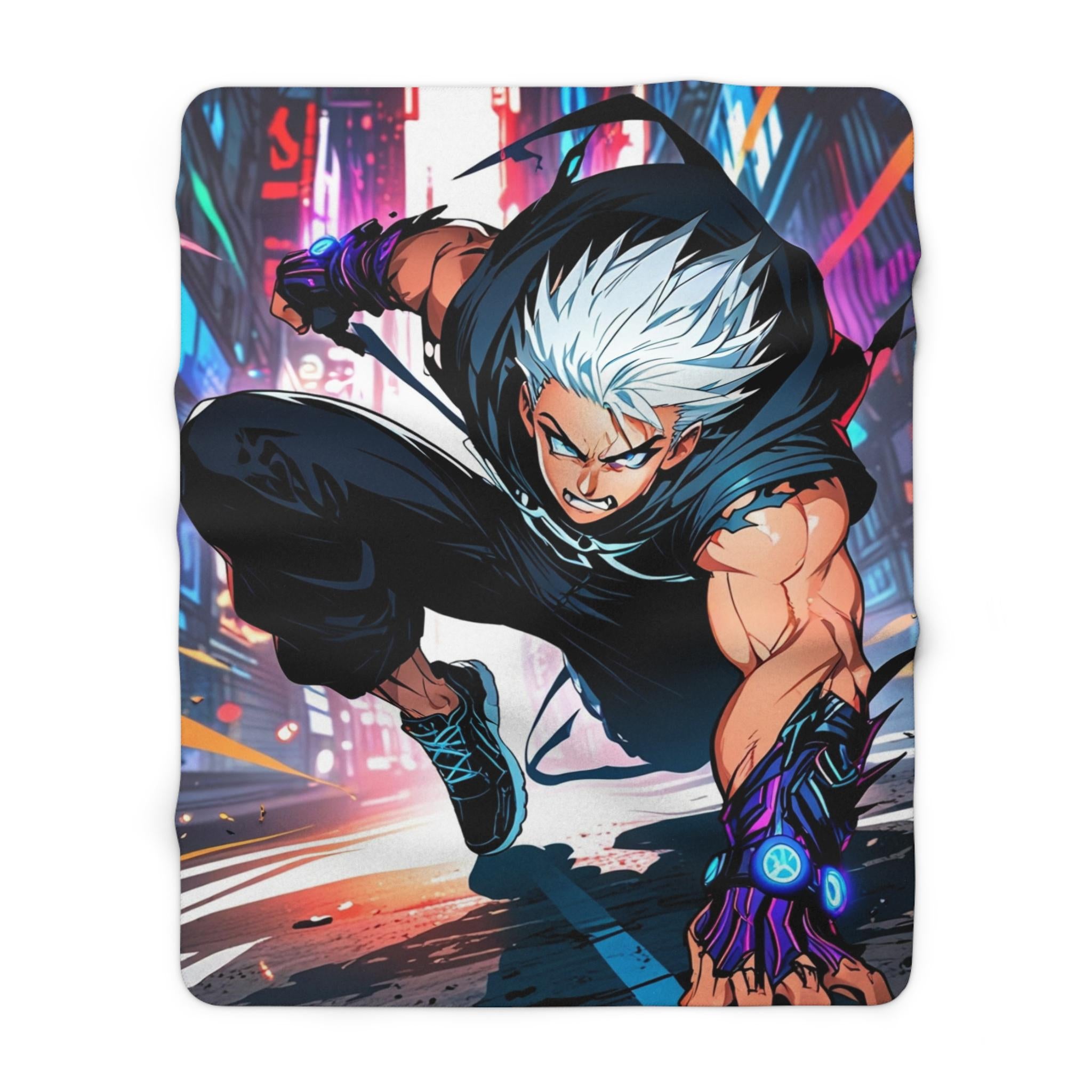 Cyberpunk Anime Sherpa Blanket Neon Street Hero Futuristic Techwear Gift for Gamers and Anime Fans