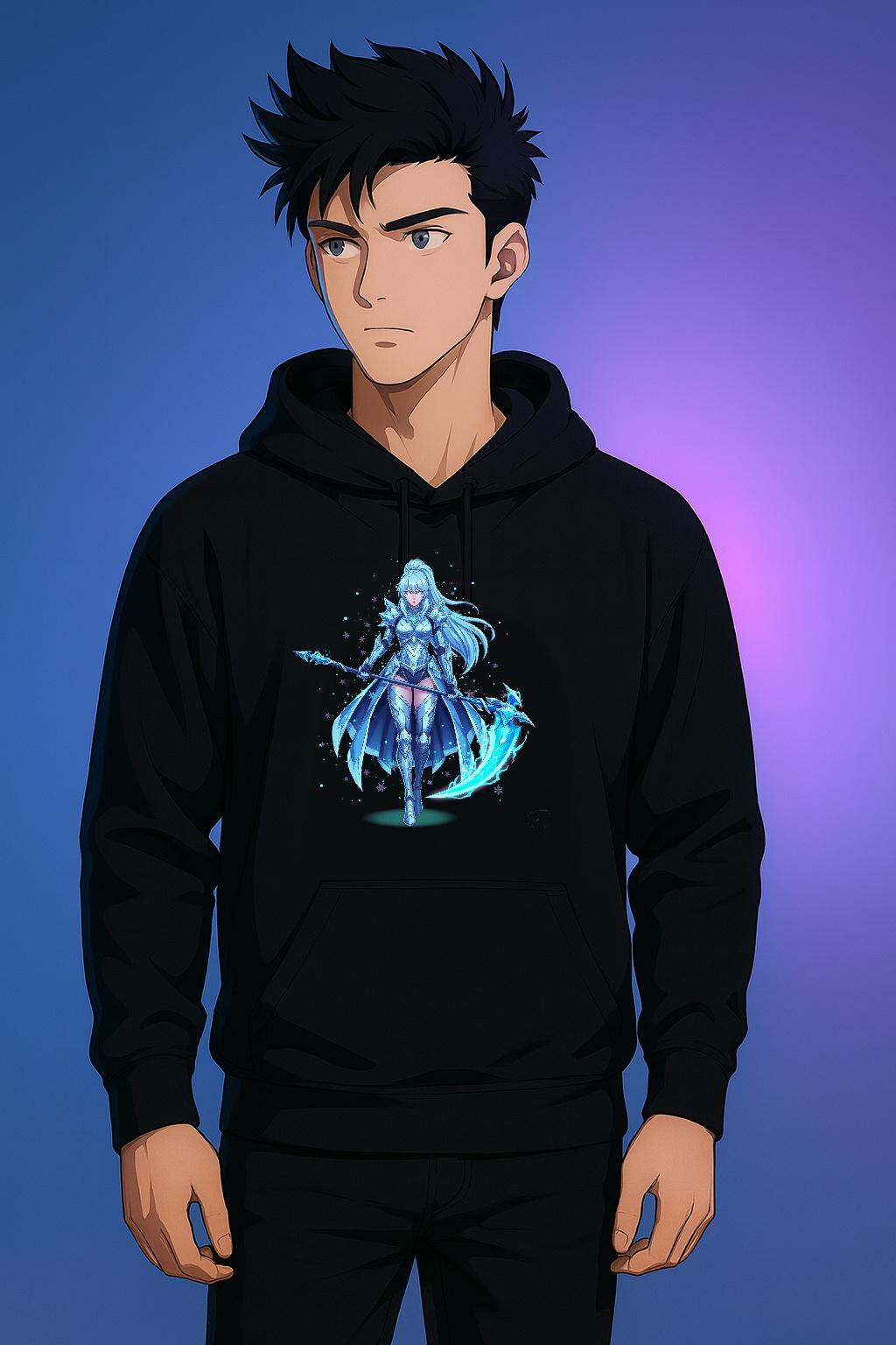 Ice Anime Girl Hoodie, Lyra Frostveil | Winter Warrior Design | Magical Ice Powers | Epic Anime Apparel
