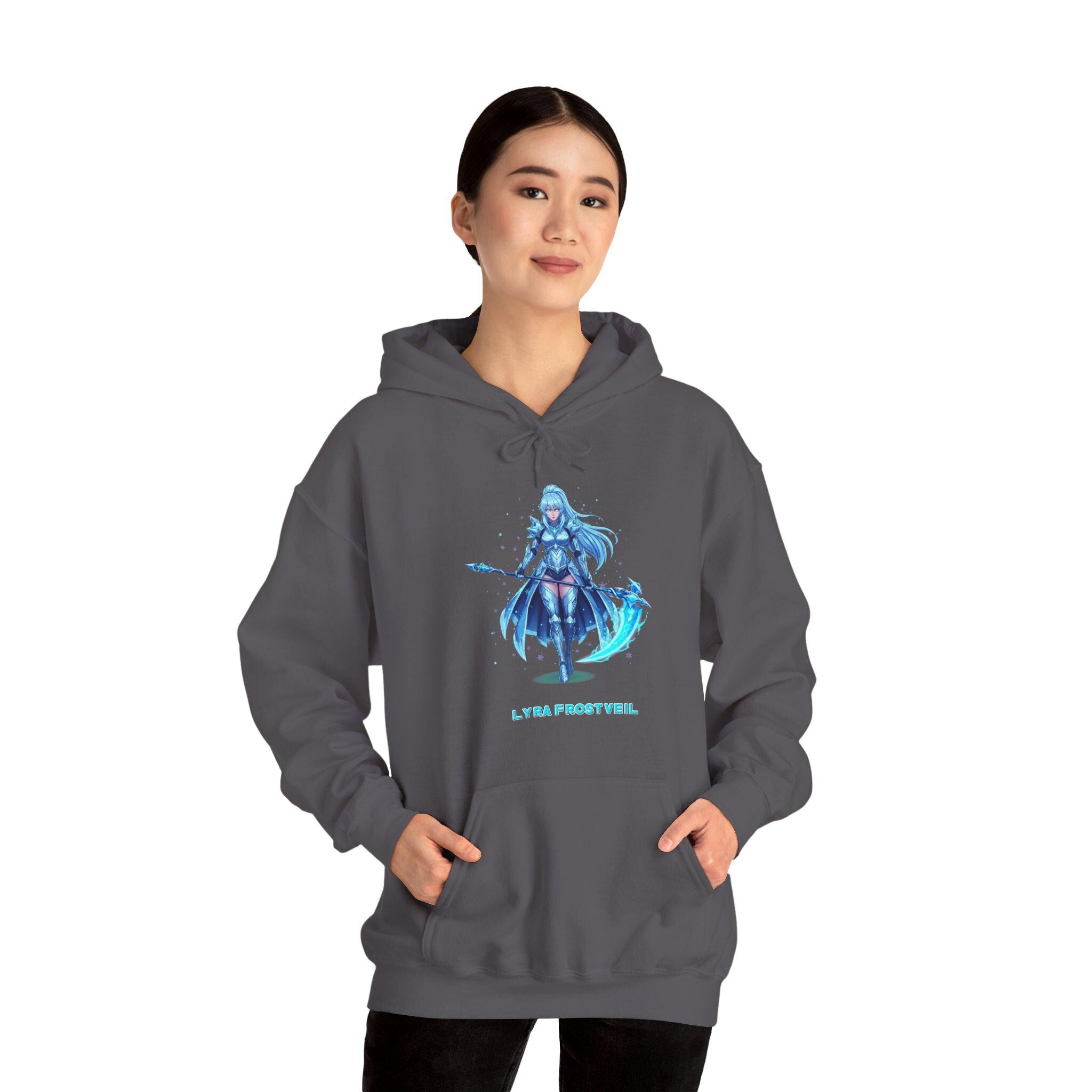 Ice Anime Girl Hoodie, Lyra Frostveil | Winter Warrior Design | Magical Ice Powers | Epic Anime Apparel