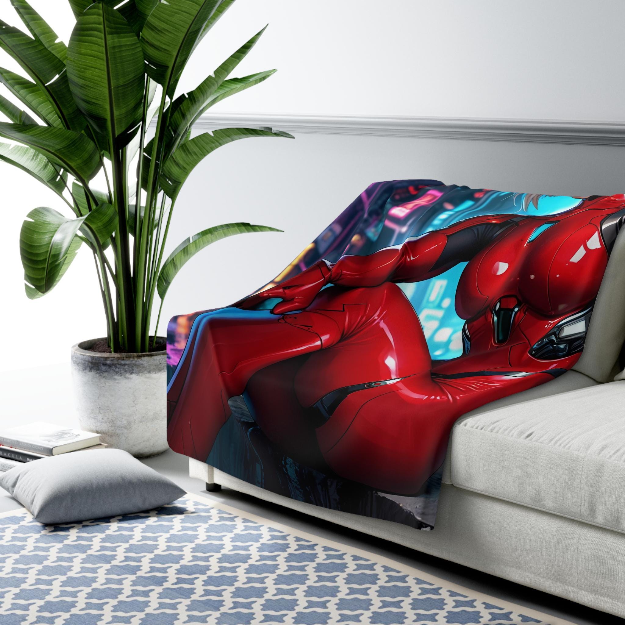 Red Cyberpunk Girl Blanket, Anime Sherpa Throw with Neon City Glow | Sci-Fi Fleece for Gamers, Otaku, and Collectors | Epic Anime Apparel