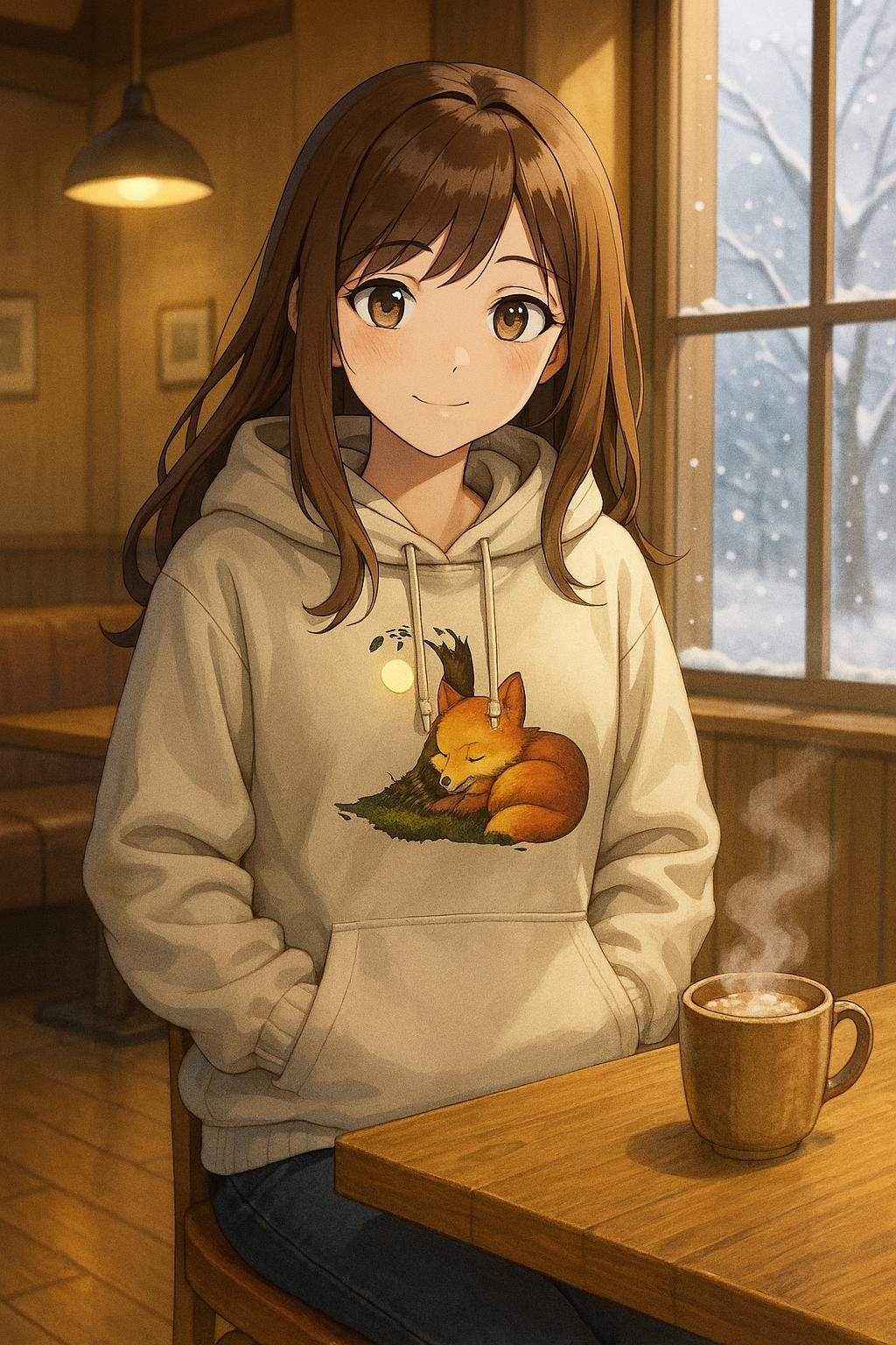 Anime character wearing a hoodie with a fox design in a cozy room with a window showing snow outside.