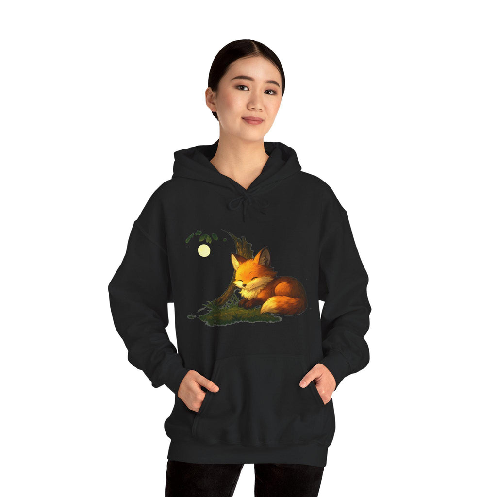 Person wearing a black hoodie with a fox graphic on a white background